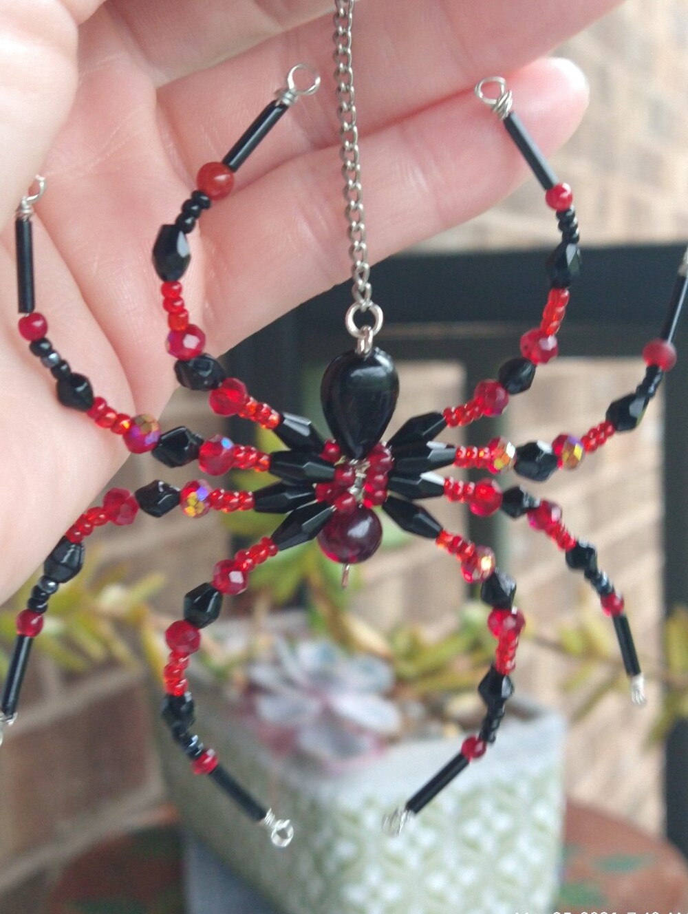 Hand Crafted • Black and Red Beaded Spider Pendant